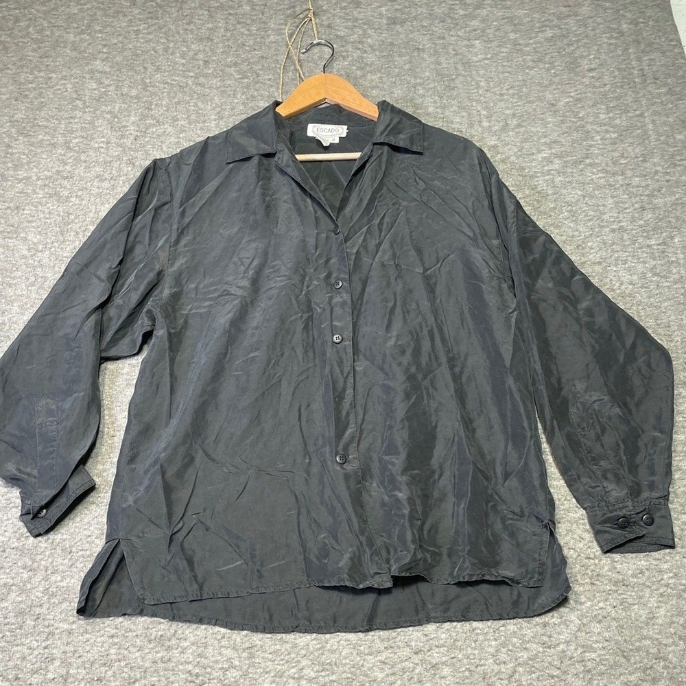 Escado Silk Shirt Women Medium Blouse Black Casual Missing Button‎